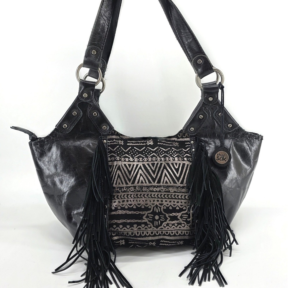 The Sak Leather Hobo Shoulder Bag Black Leather Silver Aztec Fringe Boho Tote - Picture 1 of 12